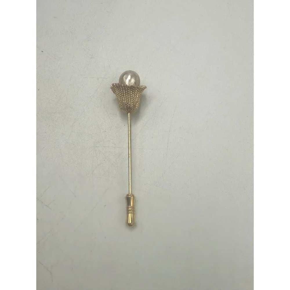 Vintage Faux Pearl Tulip Stick Pin Gold Tone Textured Floral Lapel Hat Pin